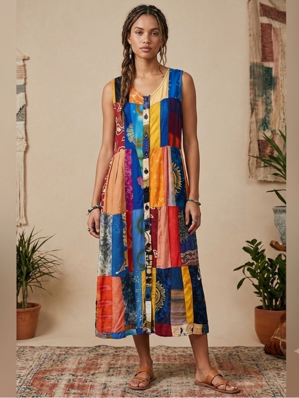 Kosi Bali Sleeveless Multicolor Patchwork Button-Front Midi Dress, Size Large